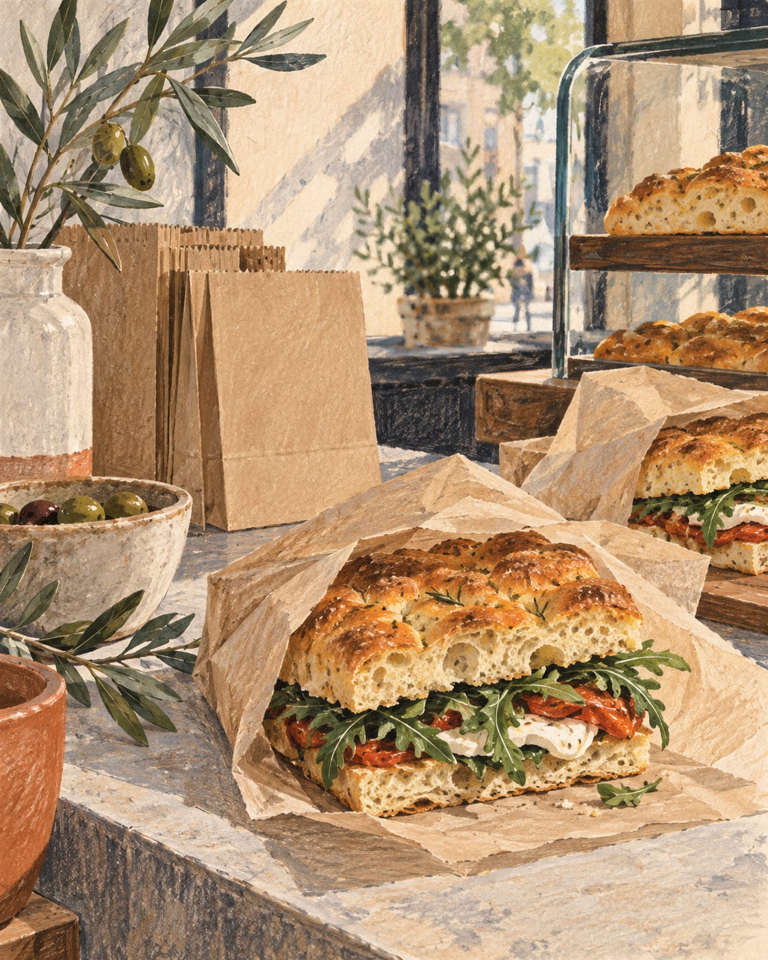 Conceptual editorial illustration of focaccia and plain takeaway bags at an unbranded café counter.