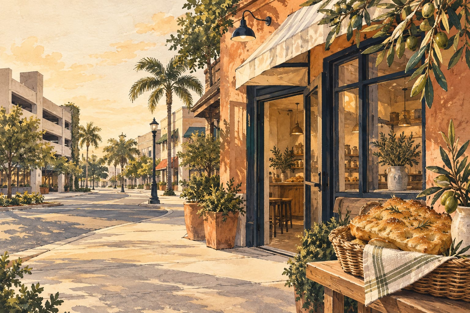 Conceptual editorial illustration of an unbranded neighborhood café on a palm-lined downtown street with focaccia in the foreground.