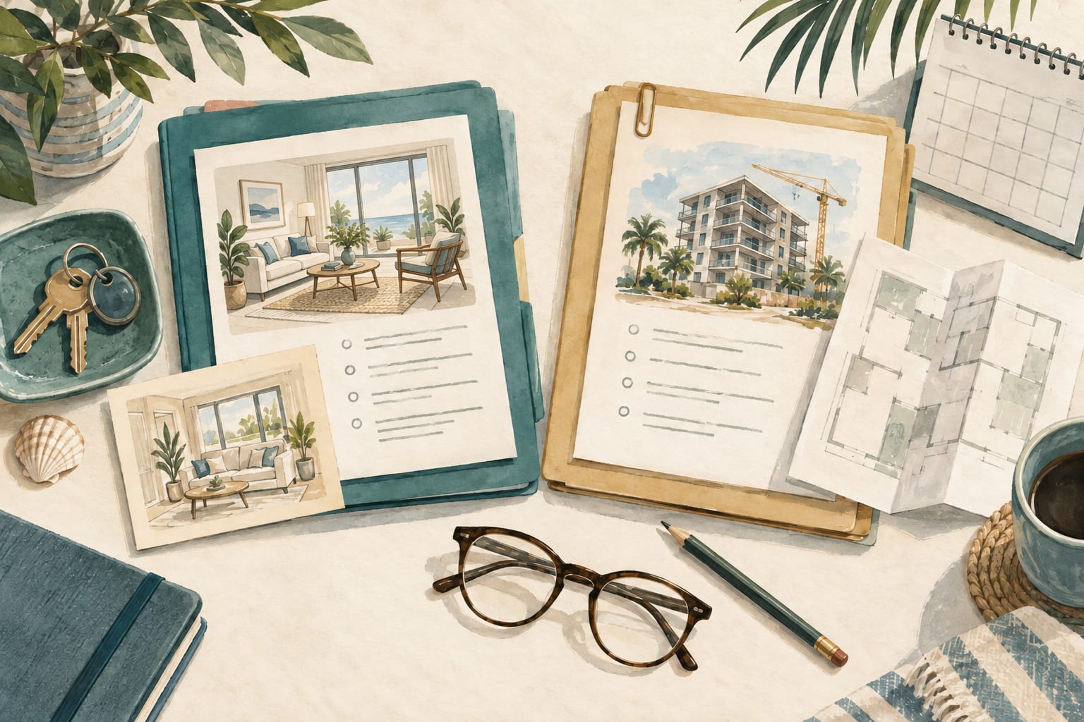 Painted comparison folders with a completed condo interior, a proposed building, keys, plans and a calendar