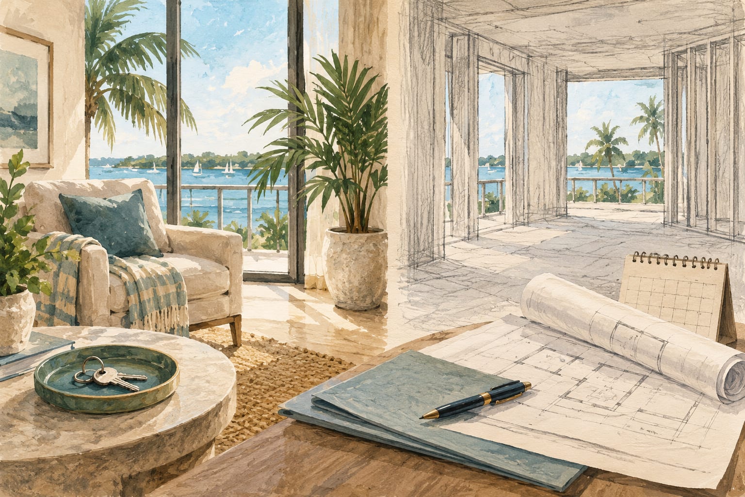 Painted illustration of a furnished coastal condo room beside a sketched future room, keys and plans