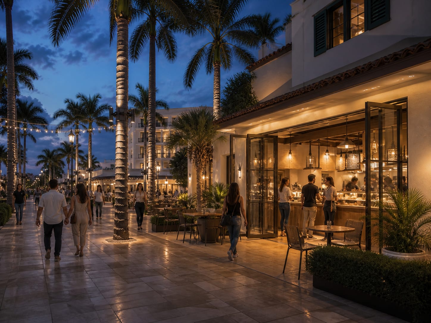 Editorial illustration of a palm-lined downtown dining corridor at dusk with an open restaurant and pedestrians.