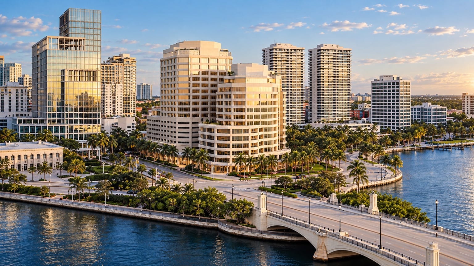Waterfront skyline with a palm-lined shoreline and a bridge in the foreground