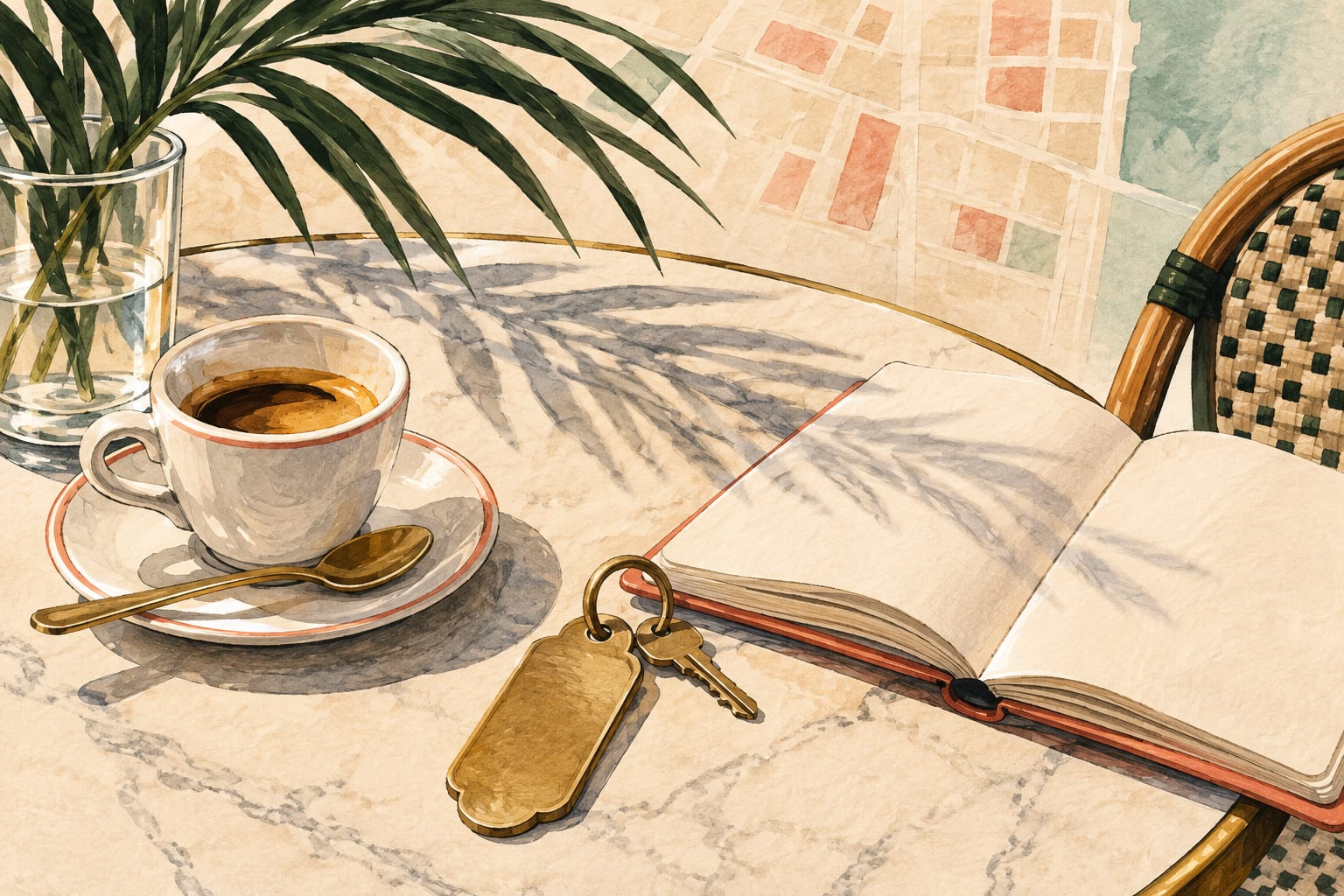 Conceptual illustrated café table with a blank reservations notebook, room key and coffee cup.