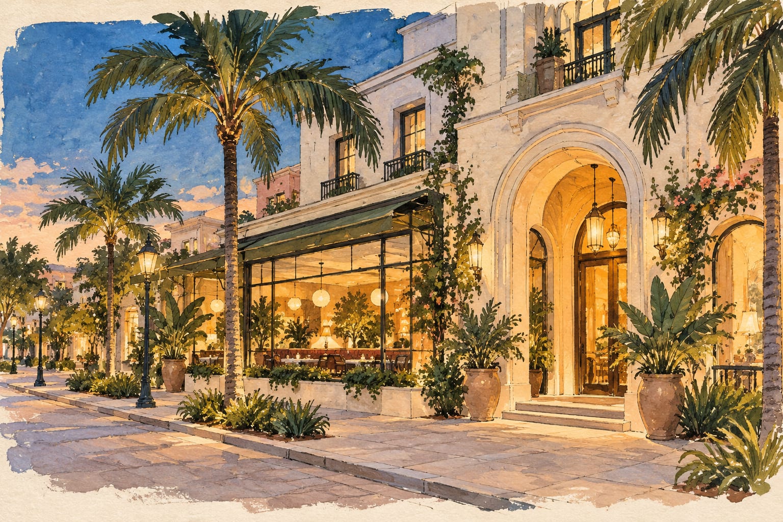 Conceptual painted illustration of an unbranded boutique-hotel entrance and restaurant window on a palm-lined street.