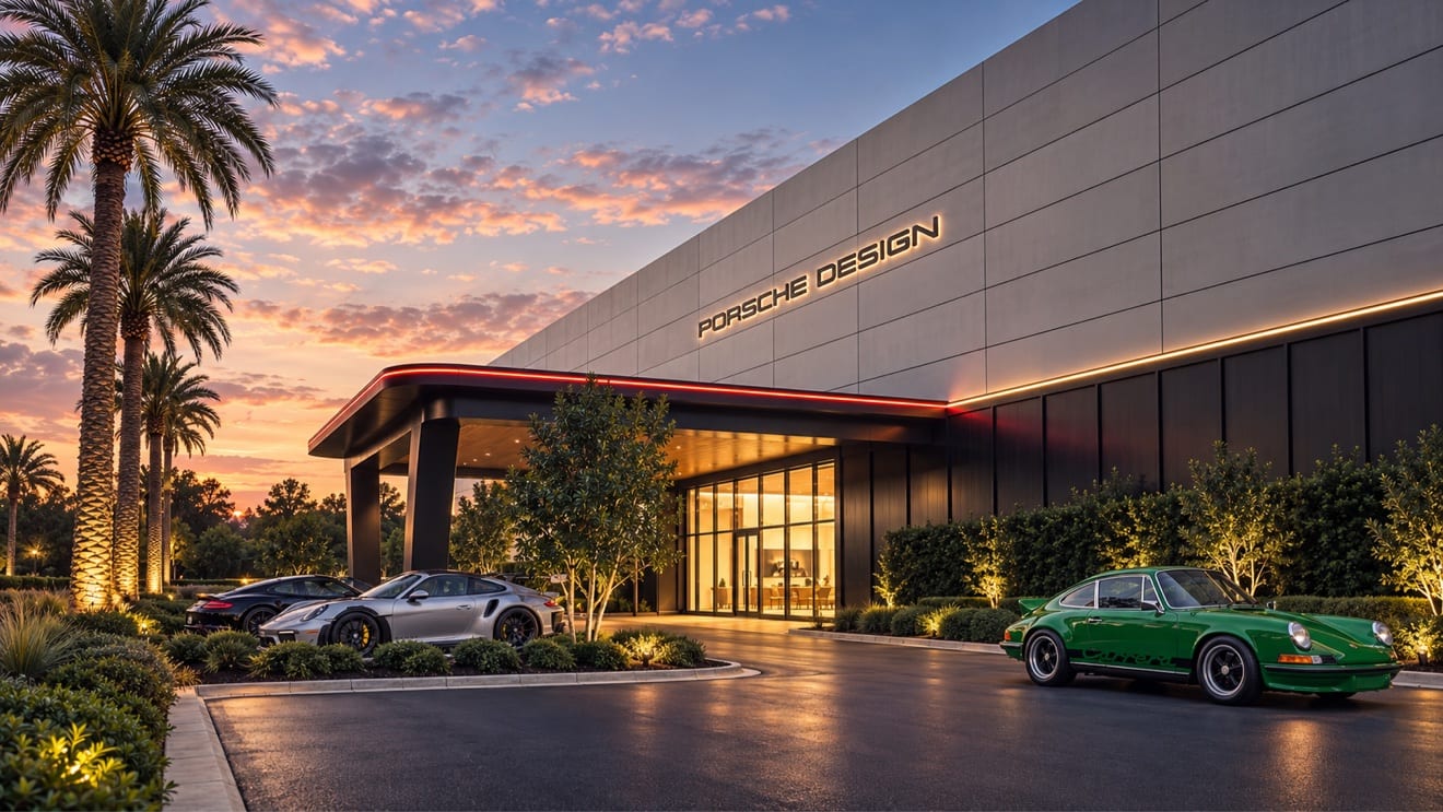 Exterior rendering of the Porsche Design Concours West Palm Beach destination at dusk, with collector Porsches outside the clubhouse entrance.