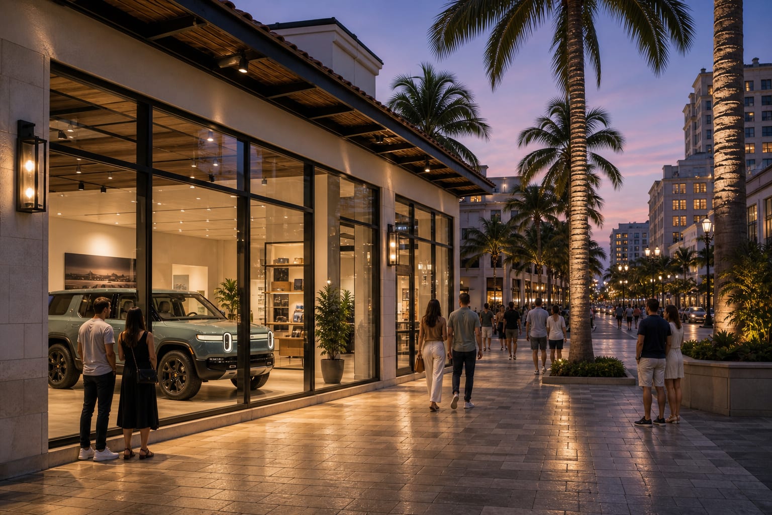 Editorial illustration of an electric vehicle showroom along a palm-lined downtown retail corridor at dusk.