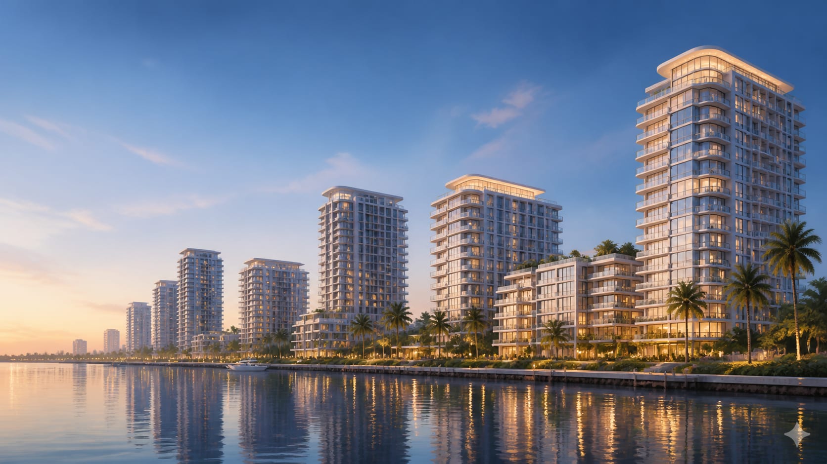 A calm waterfront skyline of luxury condo towers at blue hour in West Palm Beach.