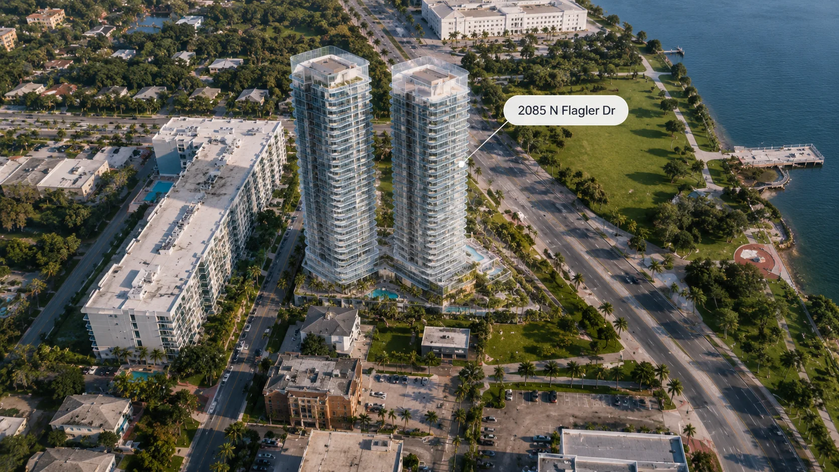 Labeled concept aerial of the two-tower proposal at 2085 North Flagler Drive across from Currie Park