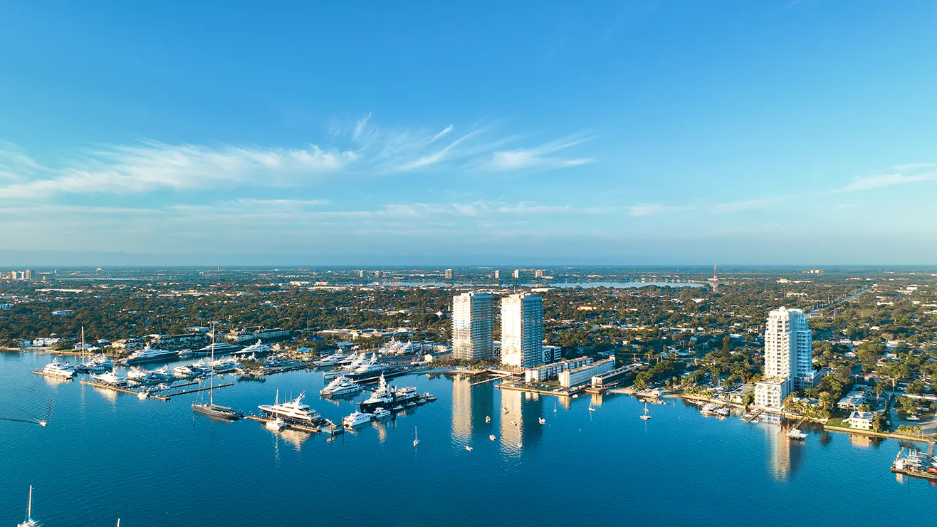 Wide aerial view of Alba Palm Beach on the North Flagler waterfront