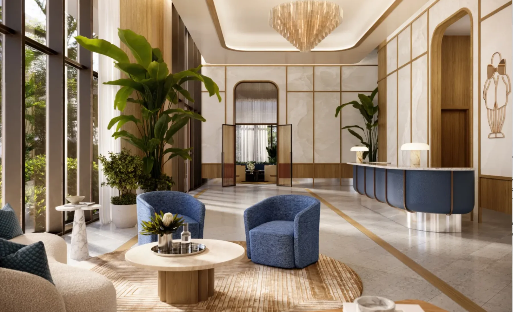 Mr. C residential lobby rendering with reception desk, lounge chairs and tall windows