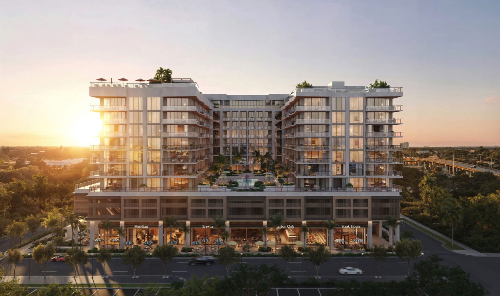 Exterior rendering of NORA House with terraces above a landscaped street
