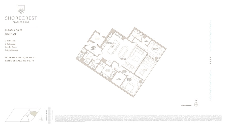 Released Shorecrest Unit 2 two-bedroom floor plan with private elevator lobby and terrace