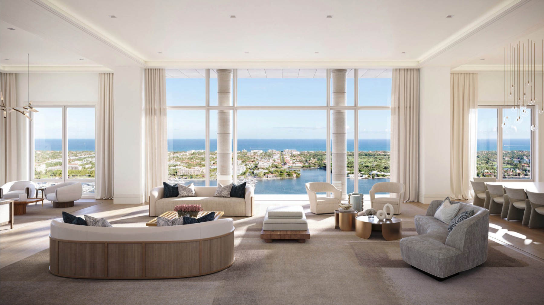 South Flagler House living-room rendering with broad windows and furnished gathering areas