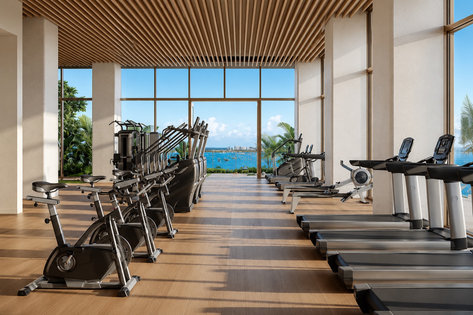Rendering of Olara fitness space with exercise equipment and water-facing windows