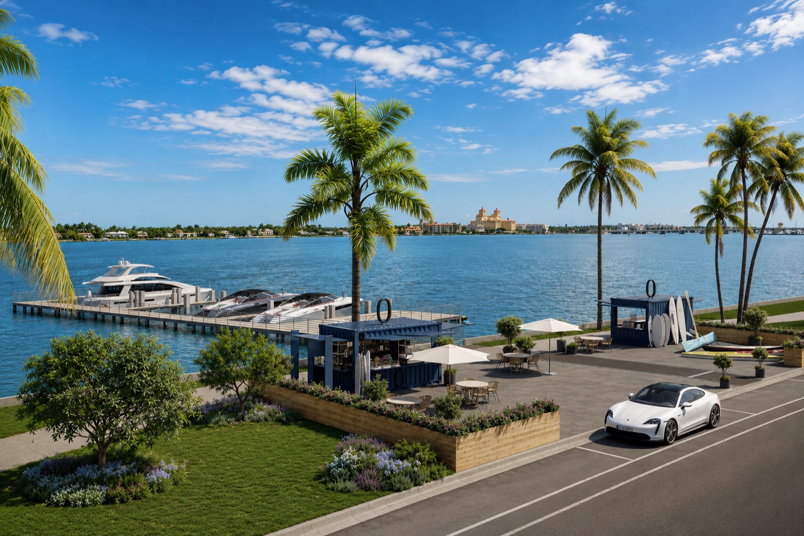 Rendering of the planned Olara marina with boats and waterfront seating