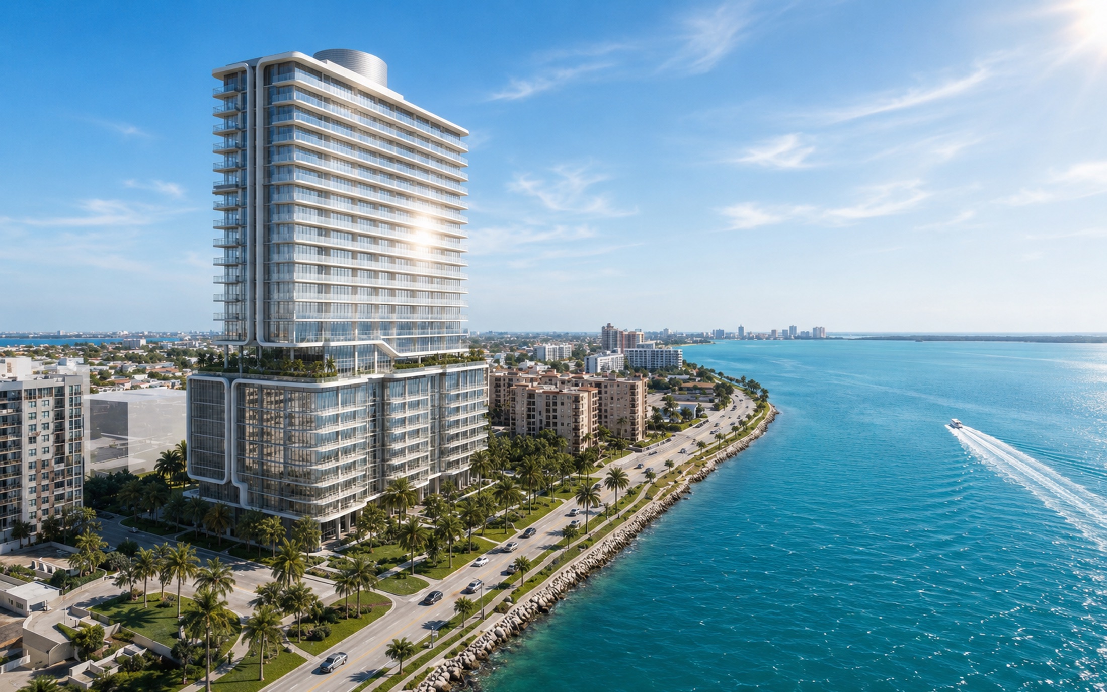 Rendering of The Ritz-Carlton Residences West Palm Beach tower beside Flagler Drive and the Intracoastal