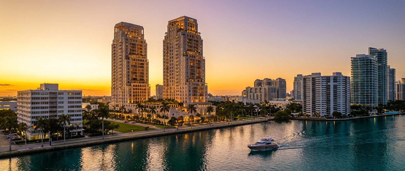 South Flagler House twin waterfront towers at dusk on South Flagler Drive